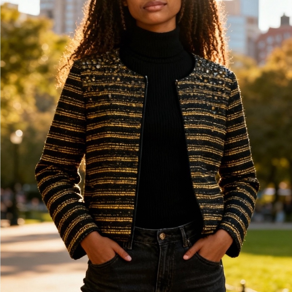 L'AGENCE Pleione Black and Gold Striped Blazer